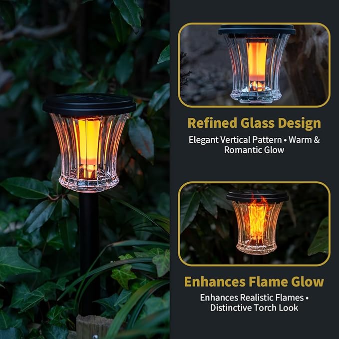 Glass Solar Torch Lights Outdoor Waterproof, Flickering Flame Tiki Torches with Modular Design, Auto On/Off LED Solar Lights for Garden Patio Yard Lawn Pathway Walkway Decorations (6 Pack)