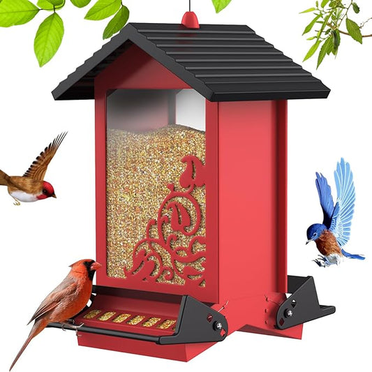 Squirrel Proof Bird Feeder for Outdoor Hanging,Metal Bird Seed Feeder with Bilateral Weight Activated Perches,5LB Large Capacity Wild Bird Feeders for Outside,Easy Refill and Clean,Red