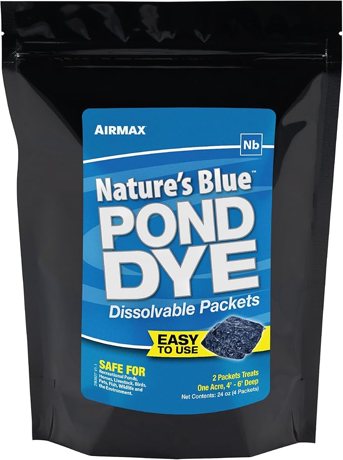 Airmax Pond Dye Packets Natures Blue Colorant for Large Pond & Lake, Beneficial UV Blocking Color Concentrate, Maintain Clean & Clear Pond, Fish, Bird & Animal Safe, Easy Treatment, 4 Soluble Packets