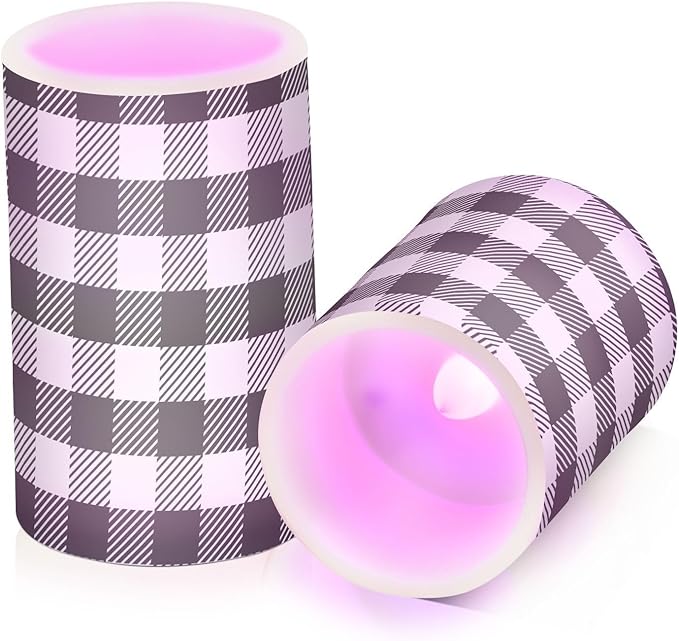 Flickering Flameless Candles, Black White Buffalo Plaid LED Candles with Remote Timer, Set of 2 Battery Operated Candle for Valentine Wedding Birthday