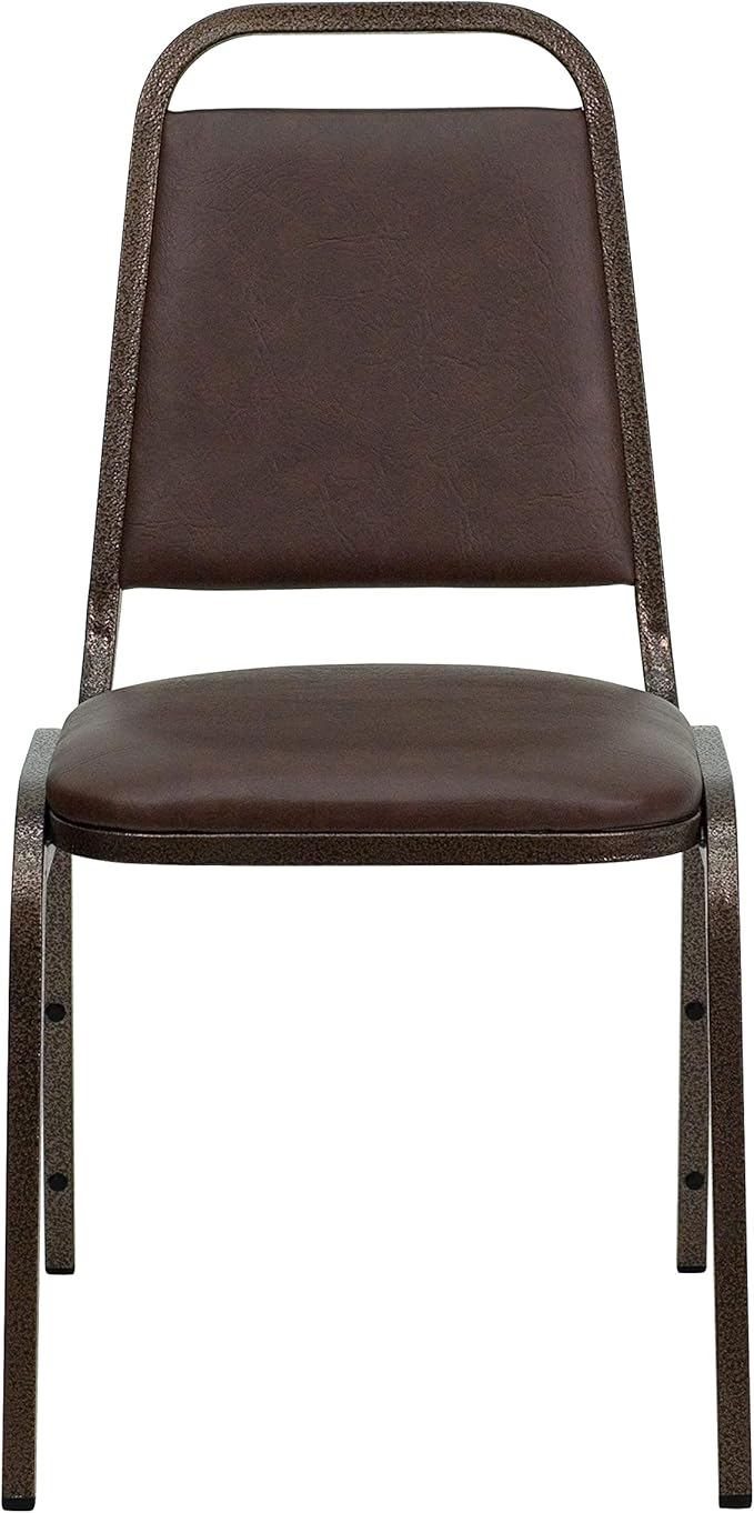 EMMA + OLIVER Trapezoidal Back Vinyl Stackable Banquet Chair, Multipurpose Stacking Chair with Padded Seat and Back, Brown/Copper