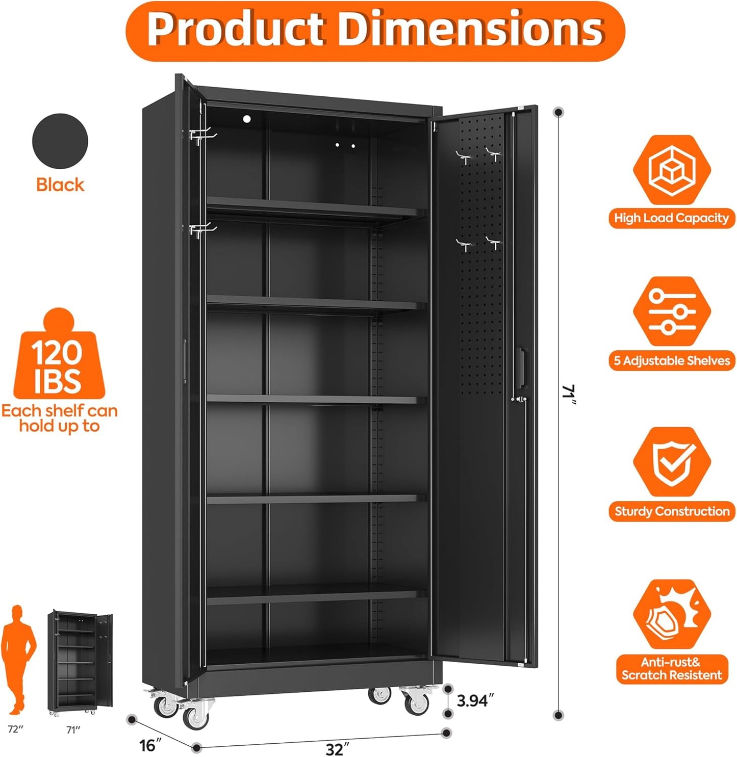 Aobabo 71" H×32" W×16" D Metal Storage Cabinet with Wheels, Garage Steel Storage Cabinet with 5 Adjustable Shelves and 4 Hooks for Home Office, Kitchen, Assembly Required, Black