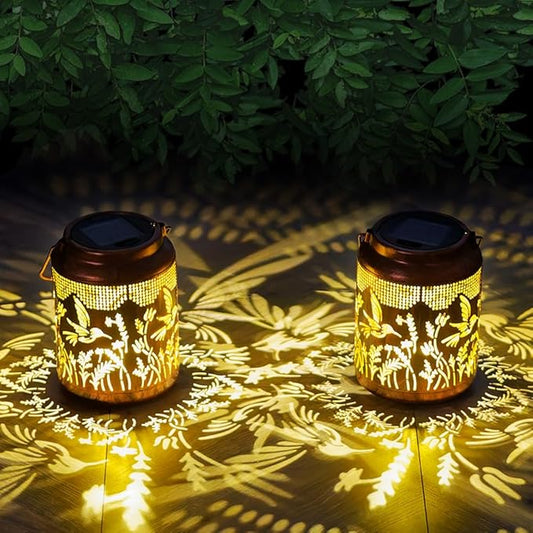 2 Pack Hummingbird Solar Lanterns Outdoor Waterproof LED 6.9" Metal Hanging Solar Lights Outdoor Hummingbird Decorative Lanterns for Patio,Garden,Pathway,Lawn Yard Birthday Gifts for Women Mom