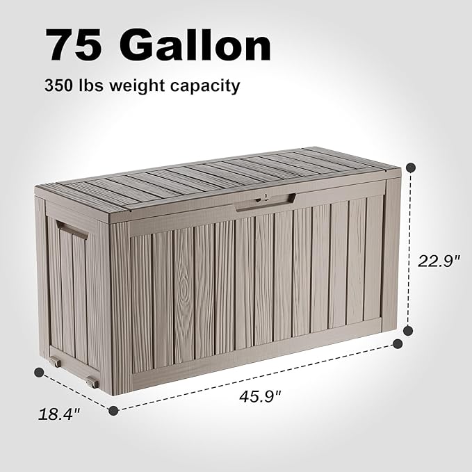 76 Gallon Outdoor Deck Box,Storage Lockable Waterproof Patio Furniture,Garden Tools,Cushions,Pool Accessories Outside Storage Resin Box(Grey)