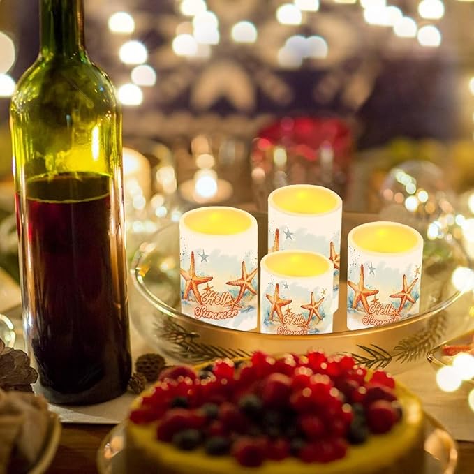 Flameless LED Candles Electric Candles with Remote Timer Control Color Changing Long Lasting Tealights Fake Candles Set of 4, Beach Themed Home Decoration, Starfish Hello Summer