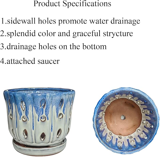 Ceramic Orchid Pot with Drainage Hole 6'' Orchid Planter (Blue Cover White)