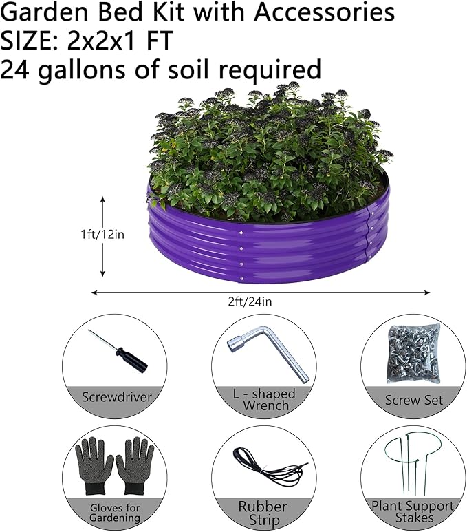 Galvanized Metal Planter Round Raised Garden Bed Kit for Gardening Outdoor，2x2x1ft Grow Garden Box Raised Flower Bed，Round Galvanized Planter Outdoor Metal Fire Pit Ring