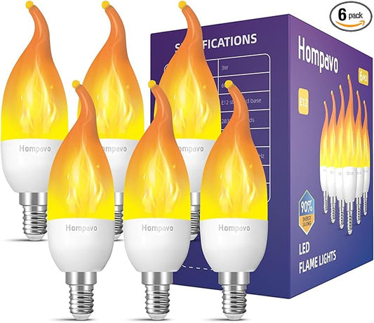 Hompavo 【Upgraded】 LED Flame Light Bulbs, 3 Modes Flickering Light Bulbs, E12 Chandelier Base Candle Fire Light Bulb for Halloween Christmas Party Porch Indoor & Outdoor Home Decoration - 6 Pack