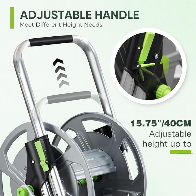 Garden Hose Reel Cart, Holds 75-150 Feet of 5/8-Inch Hose, Portable Hose Reel Cart With Wheels,Adjustable Handrail, Quick Hose Connector
