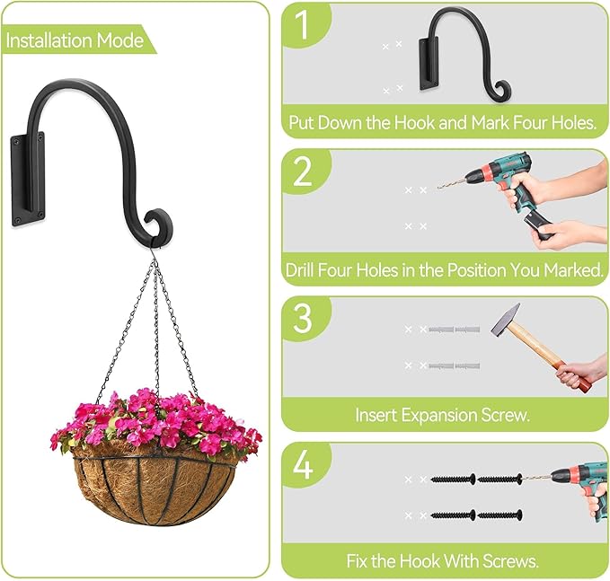 Heavy Duty Plant Hanger Bracket (8"/Black) Outdoor Hand-Forged Hanging Plant Bracket Durable and Stable Bird Feeder Hanger