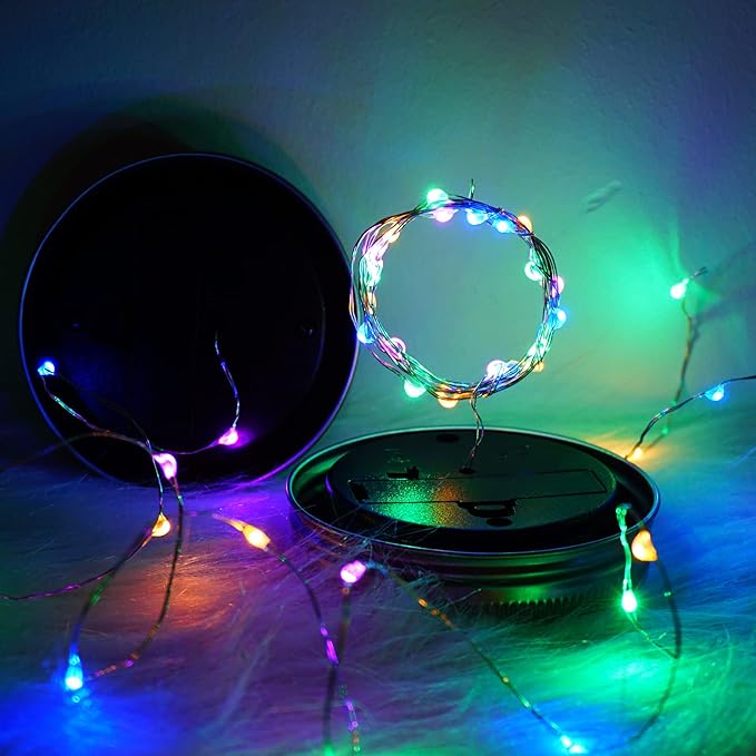 SmilingTown Solar Mason Jar String Light Lids 12 Pack 30 LED Fairy Firefly Inserts Lighting with 12 Hangers Waterproof for Outdoor Tree Patio Lawn Garden Decor, No Jars (Multi-Colored)