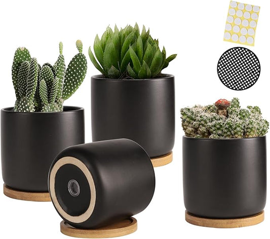OMAYKEY 4 Inch Ceramic Plant Pot with Saucer, Black Planters Pots with Drainage Hole and Mesh Pads for Succulent, Snake, Cactus, Herbs - 4 Packs(Plant Not Included)