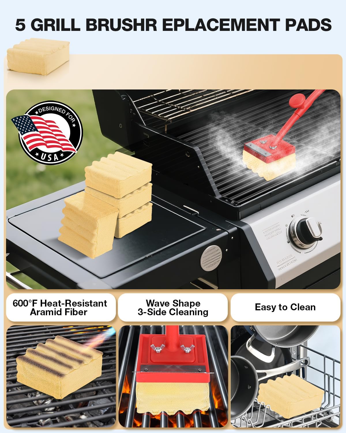 Grill Brush Bristle Free(Fire-Resistant Fabric),4 Replaceable BBQ Cleaning Head,Safe Replacement Cleaning Pad for Cast Iron or Stainless-Steel Grates (No Handle)