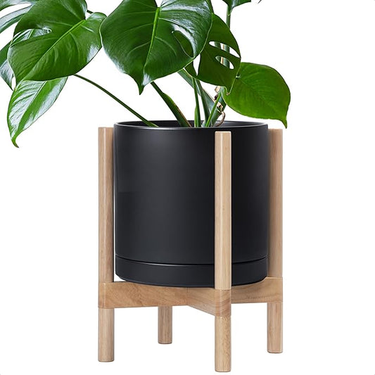 D'vine Dev Ceramic Planter with Natural Stand - 12 Inch Modern Round Flower Pot with Wood Planter Holder, Black, 55-B-J-2