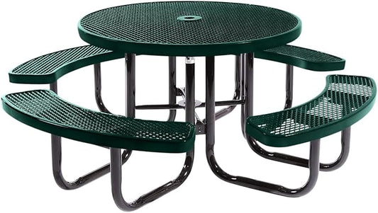 Coated Outdoor Furniture Heavy-Duty Portable Outdoor Picnic Table with Umbrella Hole, Expanded Metal Commercial-Grade Patio Dining Furniture Made in America (46" Round Top, Dark Green)