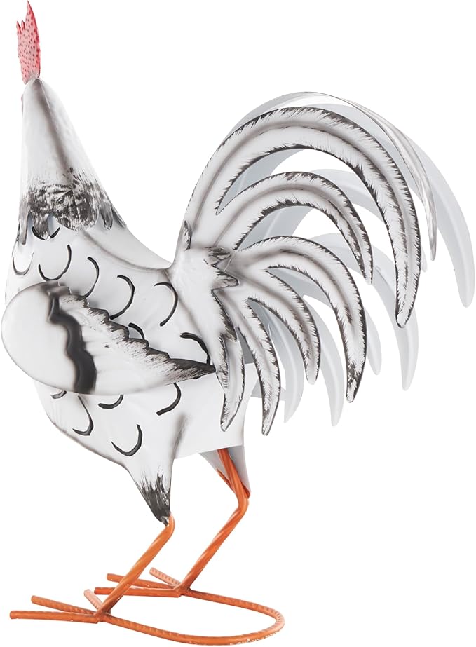 Deco 79 Metal Rooster Decorative Garden Sculpture Garden Statue with Black and Red Accents, Outdoor Sculpture 6" x 16" x 18", White