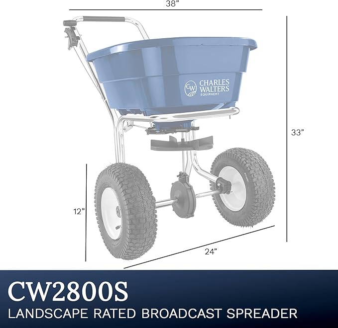 Charles Walters Equipment CW2800S Landscape Rated Broadcast Spreader with Stainless Steel Frame for Spreading Fertilizer and Ice Melt on Lawns, Walkways, and Driveways, 80lbs Capacity, 38" x 33"