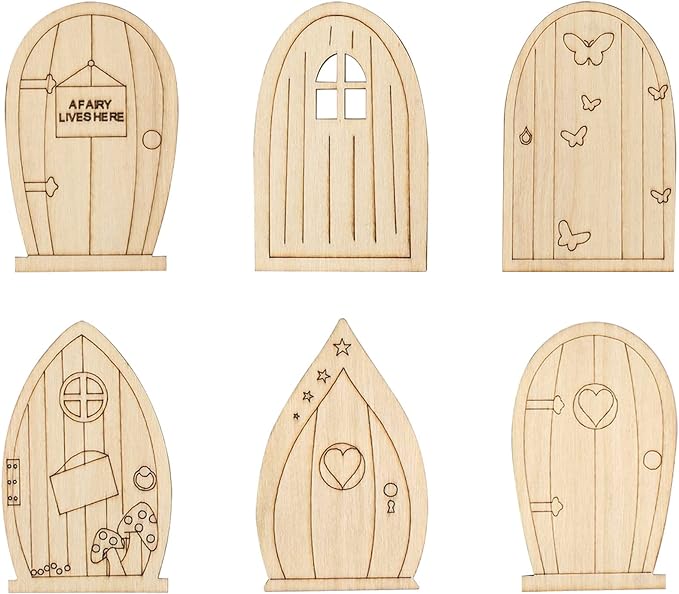 AUEAR, 24 Pack Fairy Door Miniature Wooden Garden Doors Windows Unfinished Window Accessories Mini House DIY Craft for Wall Home Party Decoration (6 Styles)