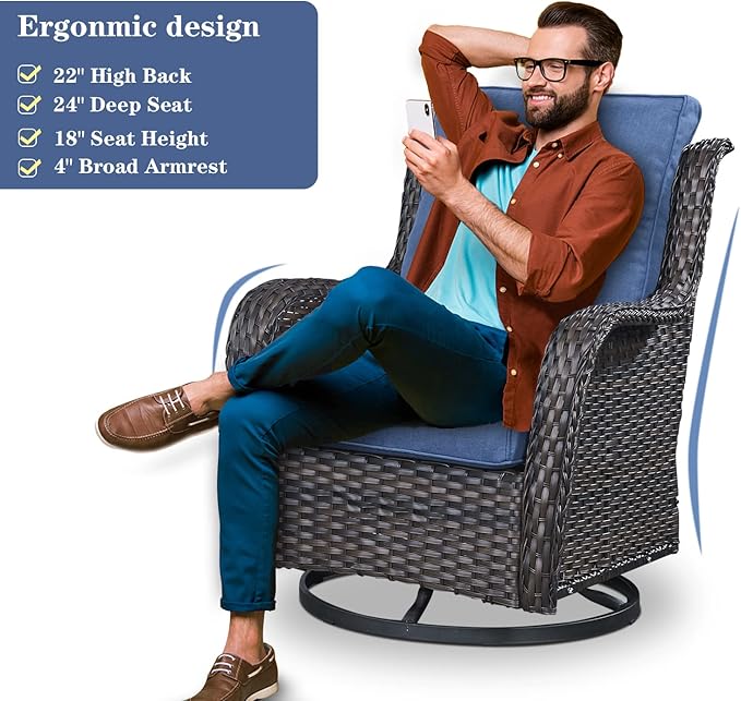Outdoor Furniture Sectional Sofa L Shaped Couch - Patio Wicker Set with 2 Swivel Glider Chairs, 8 Piece Rattan Patio Conversation Sets with Blue Cushion for Deck Backyard Sunroom