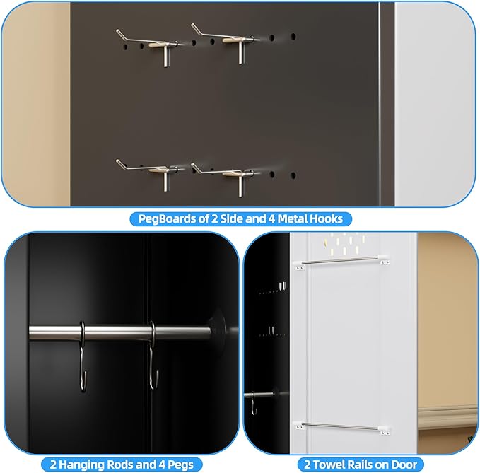 72''H Metal Broom Closet Storage Cabinet with Wheels & Pegboards, Mops Broom Closet Organizer with Locking Door & Hanging Rod,Cleaning Tool Garage Cabinet,Assembly Required,Black White