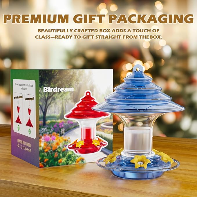 Birdream Hummingbird Feeder for Outdoors Hanging 40oz 10 Feeding Ports, 2 Pack Humming Bird Feeder with Ant Moat Brush Leak Proof - Blue