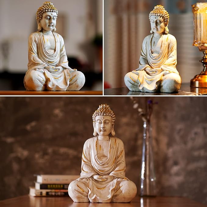 Goodeco 11.4 Meditating Zen Buddha Statue Figurine Sculpture - Indoor/Outdoor Decor for Home,Garden,with Natural Wood Beaded Necklace,Polyresin (White)