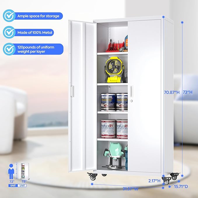 73" H Metal Garage Storage Cabinet with Wheels,Rolling Tool Storage Cabinet with 2 Doors and 4 Adjustable Shelves for Garage,Home,Office,Warehouse,Workshop, Required-Assembly,White