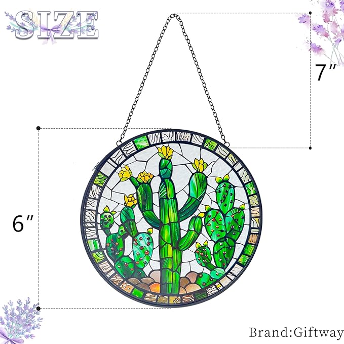 Cactus Decor Suncatcher Indoor/Outdoor Stained Glass Window Hanging - Handmade Stained Glass Suncatchers for Windows Hanging - Outdoor Garden Decor Gift for Women Christmas Thanksgiving Gifts