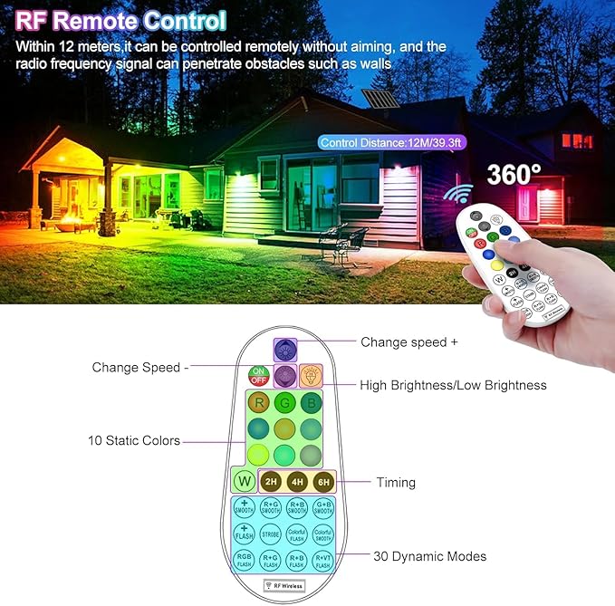 CLY Solar 6 in 1 RGB Spotlights Outdoor Garden, 10 Colors 12 Modes Solar Garden Floodlight Landscape Spotlights IP66 Waterproof 59.06ft Cable Spike Light for Lawn, Patio, Balcony