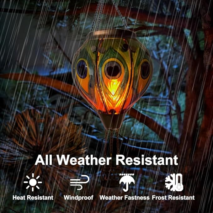 2PCS Solar Hot Air Balloon Lanterns with Flame with Shepherd's Hooks, Glass Hanging Flickering Lights Outdoor Waterproof for Garden Tree Yard Patio Mother's Day Gift, 18" H Peacock Green