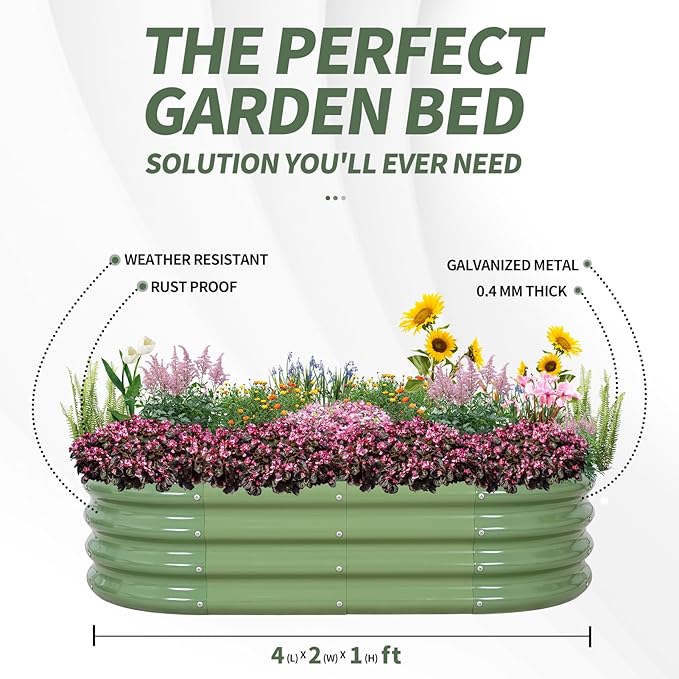 1MORE Galvanized Raised Garden Bed- Planter Garden Boxes Outdoor, Raised Beds for Gardening, 4x2x1ft Metal Garden Bed Kit for Vegetables Flower, Planter Raised Beds with Tools.Green-2pack
