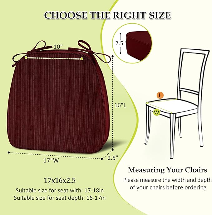 Chair Cushions for Dining Chairs, Indoor Chair Cushions with Ties，Waterproof Chair Pads Set of 6, Burgundy, 17x16x2.5 Inch