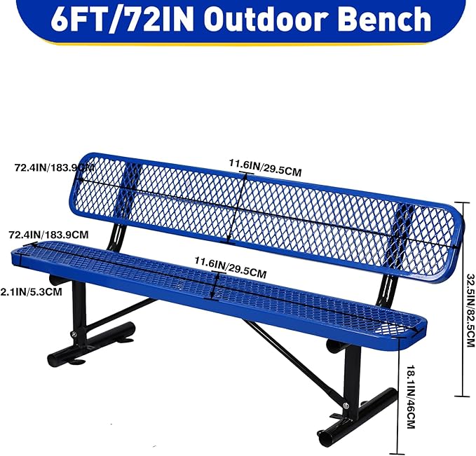 Heavy Duty Park Bench with Back Portable Frame, Outdoor Metal Park Bench with Backrest, Steel Mesh Outdoor Bench for Garden, Lawn, Patio, Porch, Park, Yard (Blue, 72.4" L x 23.2" W x 32.5" H)