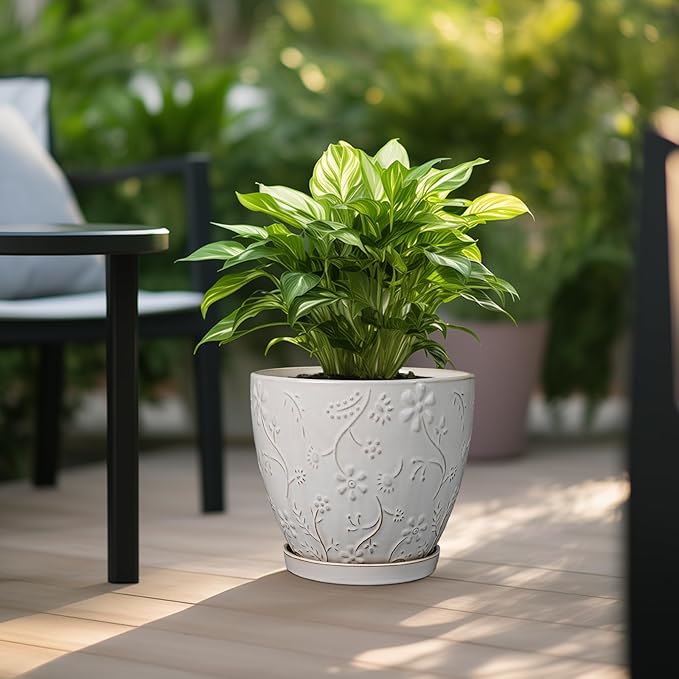10 Inch Plant Pot Ceramic Planter Pot with Drainage Hole and Saucer Round Planter Large Flower Pot for Indoor Outdoor Plants Home Garden Decor White