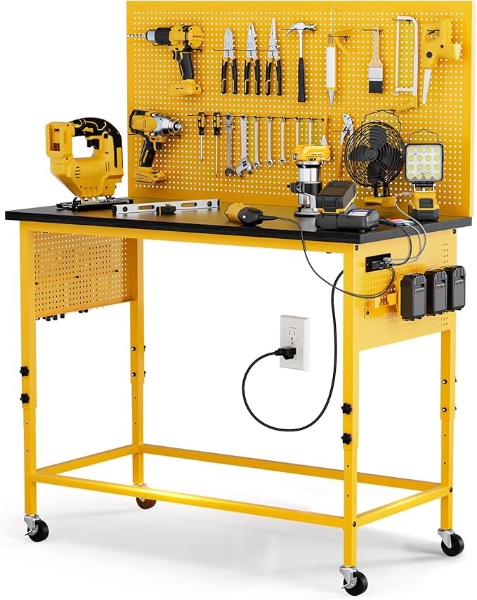 47" Heavy Duty Adjustable Workbench with Power Outlets, Pegboard & Locking Wheels - 2100LB Capacity Garage Work Table, Compatible with DeWalt Battery, Reinforced Steel Frame for Workshop & Home Use