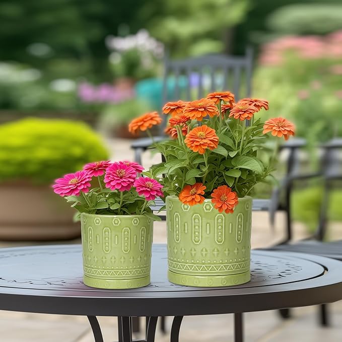 8 Inch Plant Pots - Ceramic Planter for Indoor Plants Outdoor, Round Ceramic Flower Pots with Drainage Hole and Saucer, Boho Decorative Planter, Home Bedroom Decor, Birthday Gifts, Green