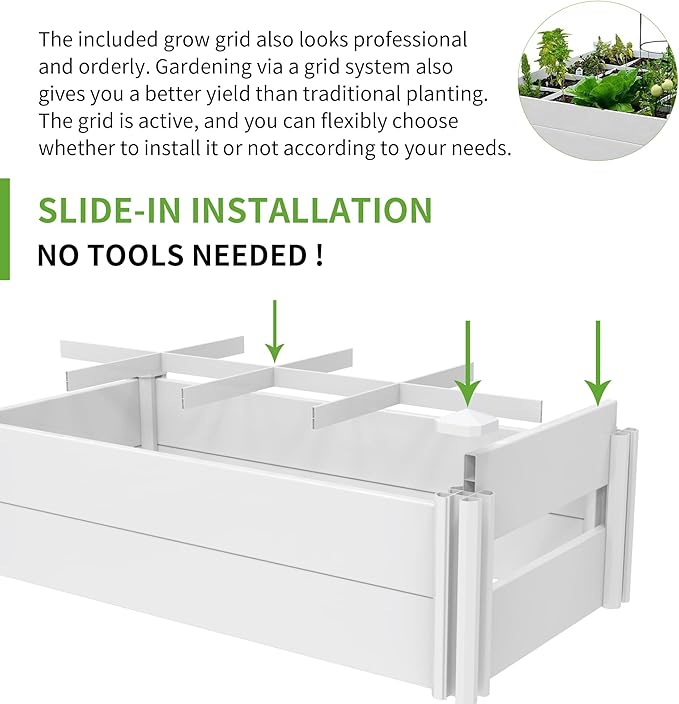 45''x22.5'' Raised Garden Bed Kit | Planter Box Outdoor for Gardening, Whelping Pen | Easy Vinyl Plastic Garden Planter Box with Grow Grid-White