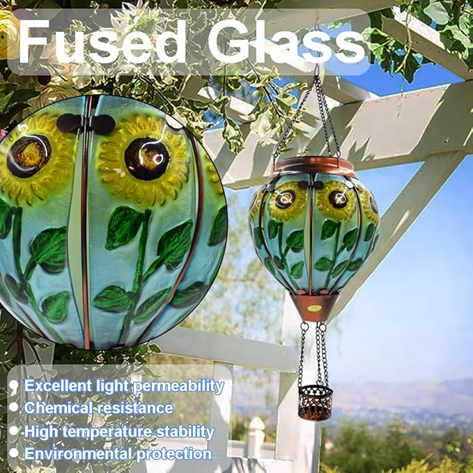 Hot Air Balloon Solar Lantern with Flickering Flame, Glass Hanging Garden Lights Outdoor Waterproof for Tree Yard Patio Mother's Day Gift, 18" H Sunflower