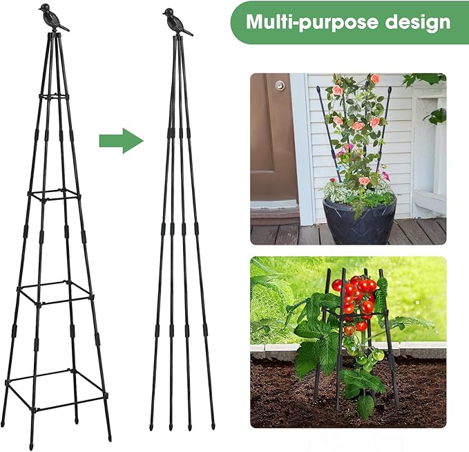 2 Pack Garden Obelisk Trellis for Climbing Plants Outdoors, 65 Inch Rustproof Plant Stand Climbing Support with Adjustable Heights for Indoor Potted Plants, Vines, Flowers Stands, Vegetables