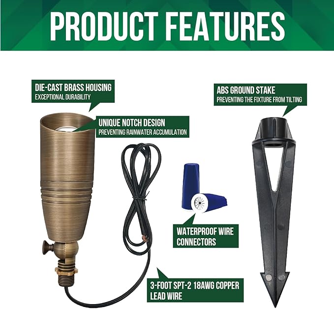 GKOLED 6 Pack Solid Brass Landscape Spotlight, 12V AC/DC Outdoor Low Voltage Landscape Lights, Garden Patio Trees Spot Up Light, Directional LED Uplight Waterproof Fixture with ABS Spike, No MR16 Bulb