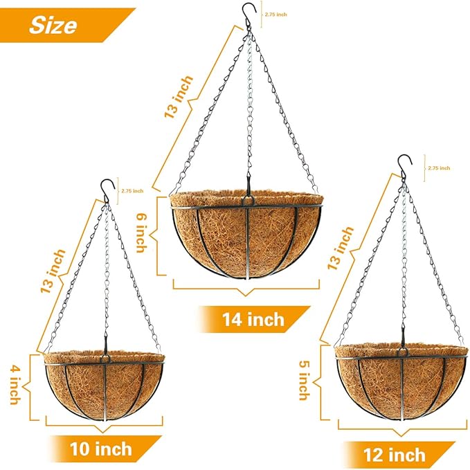 Hanging Plant Basket Flower Holder (2pack, 14 inch)-Metal Wire Round Hanging Basket Planter with Coco Fiber Liners for Plants Flower Pots Indoor Outdoor Garden Porch and Balcony Decor