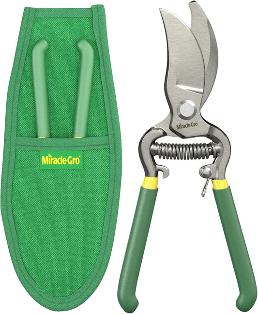 Miracle-Gro 8 in. Bypass Pruning Shears with Belt Pouch – 1/2 in. Cutting Capacity Hand Pruner with Carbon Steel Blade and Comfort Grip – Garden Tool for Live Plants and Soft Stems