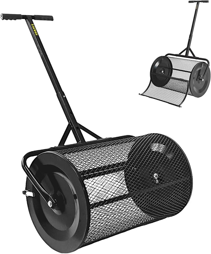 Compost Spreader, 24" Peat Moss Spreader, Roller Lawn Spreader with 3 Heights T Shaped Handle, Side Latches Powder Coated Steel Mesh Basket, Lawn & Garden Spreader for Spreading Manure Topsoil Black