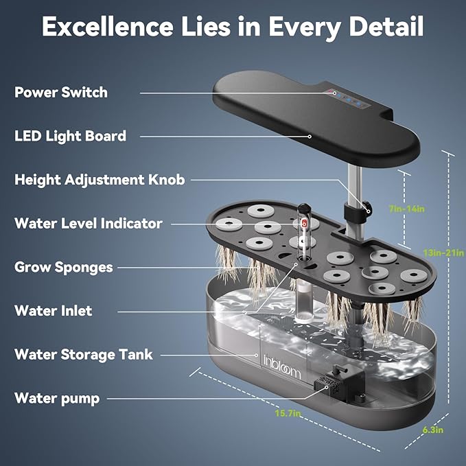 inbloom 12 Pods Hydroponics Growing System Kit, Herb Garden Planter Indoor Kit, Indoor Gardening Hydroponics Growing System with 4.2L Water Pump, Height Adjustable, Gifts for Woman, Transparent Black