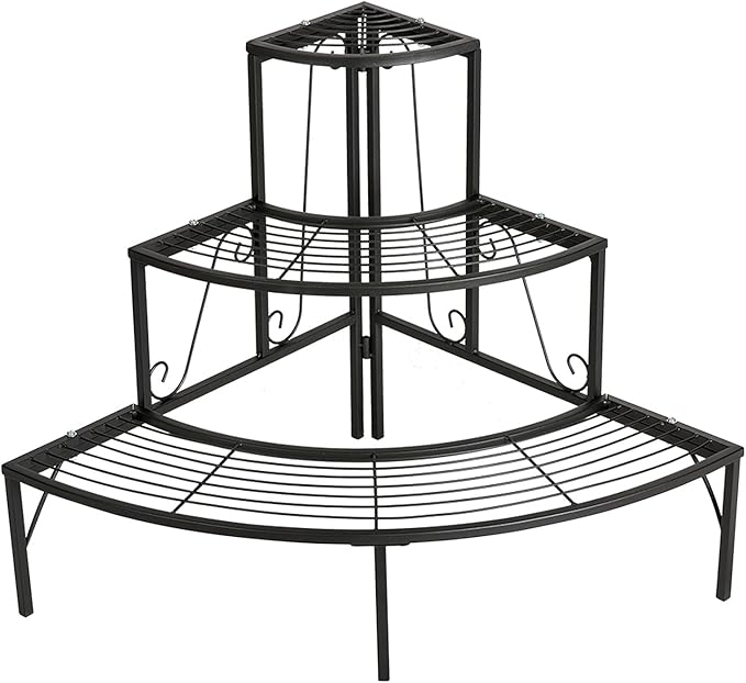 DOEWORKS 3 Tier Plant Stand Flower Pot Rack, Quarter Round Plant Corner Shelf Planters Display Holder orchid shelves for Indoor Outdoor Use, Black