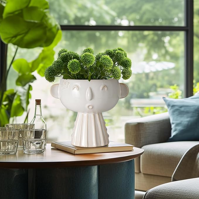 Face Planter Pot 7 Inch - Cute Ceramic Flower Head Planter for Indoor Outdoor Succulent Pot with Drainage Hole Flower Pot Present for Mother Christmas White