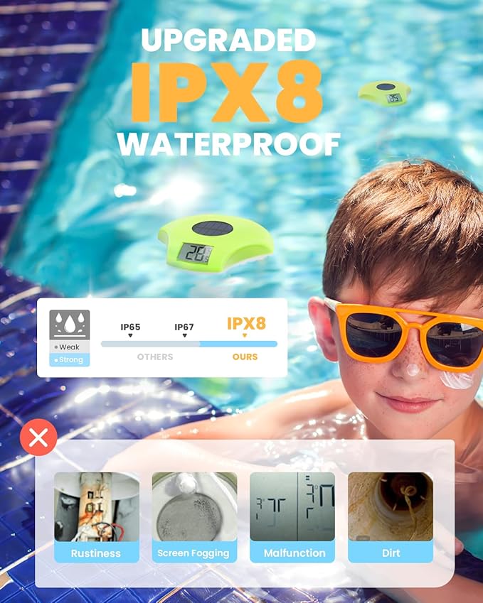 BALDR Pool Thermometer Floating Easy Read, IPX8 Waterproof, Solar Powered Digital Pool Thermometer with LCD Screen,Suitable for Swimming Pool/Hot Tub/Hot Spring/Aquarium (Green)