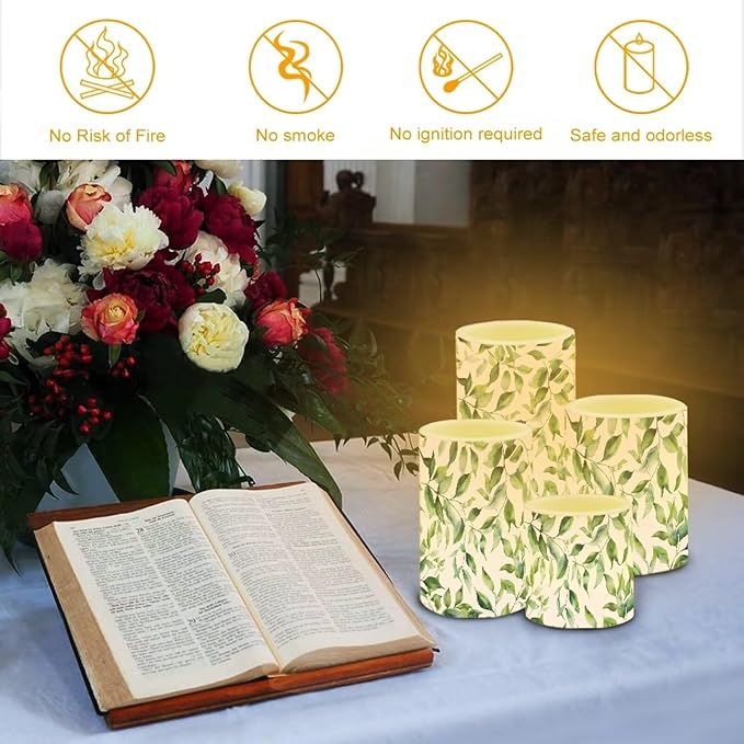 Flameless Candles Battery Powered LED Pillar Candles Tealights with Remote Timer Color Changing Control for Indoor Outdoor Home Desktop Decor Set of 4, Green Leaf White