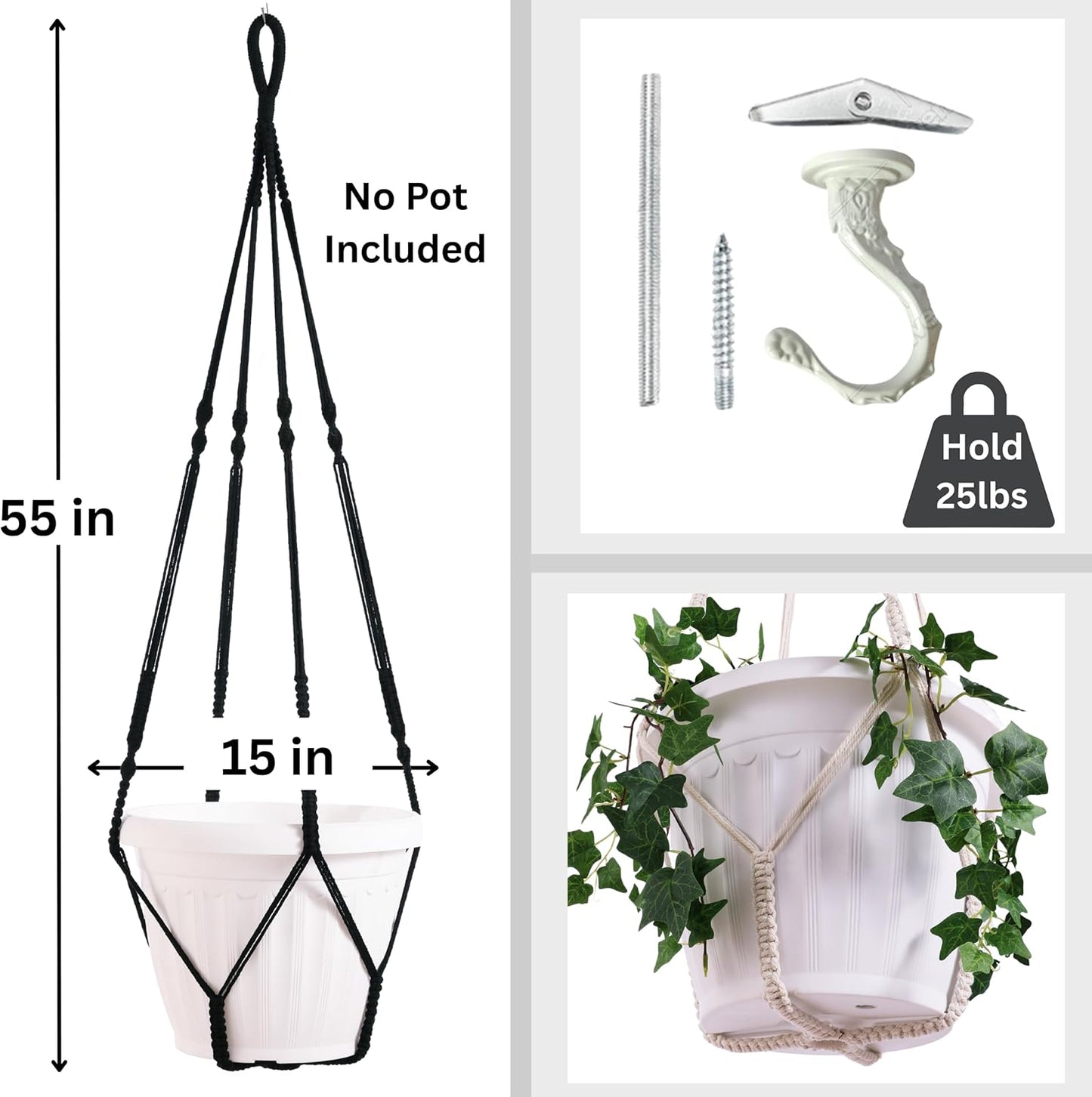 2 Pack Giant XXL 55 Inches Macrame Planter Hanger Large for 15 inch Pot + Swag Hook | Extra Large Hanging Planter for Indoor Plants | No Pot/Plant Included (XXL Black)