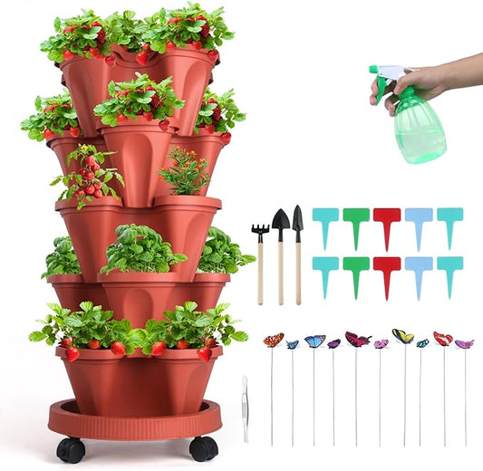Vertical Planter, 5 Tier Stackable Strawberry Planter with Garden Tool Set, Movable Indoor/Outdoor Garden Herb Pot for Growing Vegetables and Succulents, Red